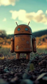 Rust-speckled meadow bot staring into a soft sunset sky.