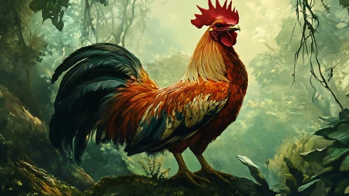 Vibrant Rooster Commanding Forest Sanctuary.