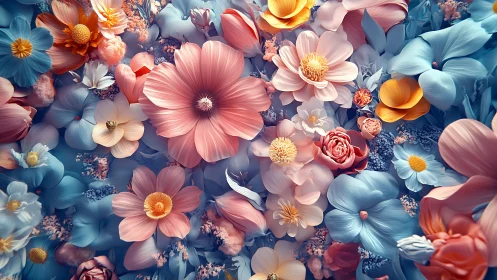 Floral Composition with Pink and Blue Flowers