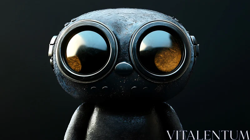 Big-eyed black robot character with reflective goggles.