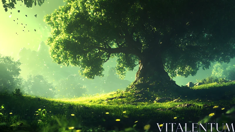 Majestic Ancient Tree in Lush Green Forest, Dreamlike Digital Art.