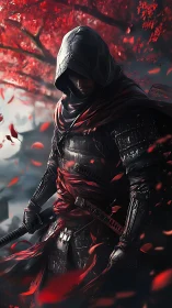 Hooded armored warrior stands under red foliage in motion
