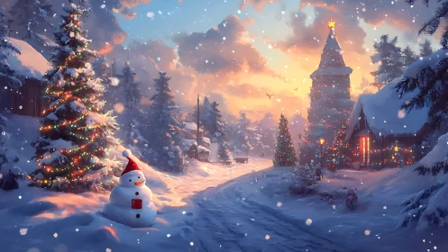 Snow-covered Christmas village glows under warm sunset light