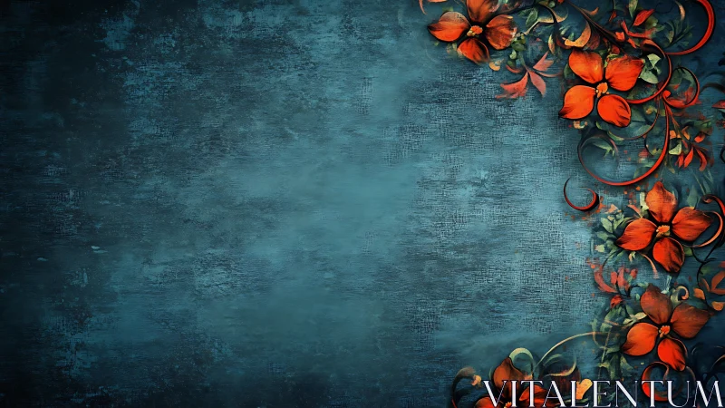 Ornamental Red Flowers Against Deep Teal Textured Surface Design