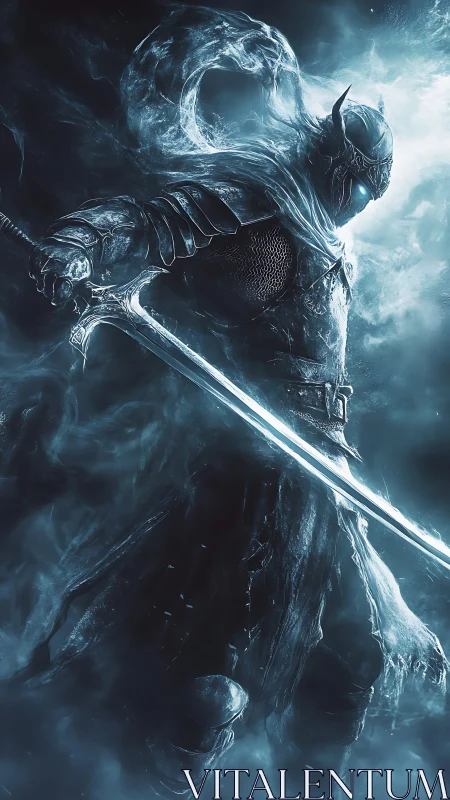 Frozen spectral knight stepping forward through icy mist.