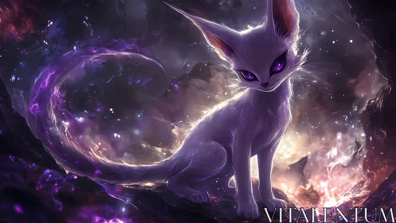 Bioluminescent white astral cat with glowing violet eyes