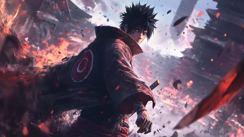 Male anime warrior in burning cityscape with sword drawn.