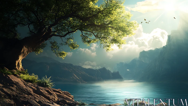 Sunlit lakeside tree overlooks misty fantasy mountains.