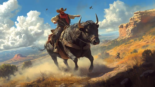 Dynamic cowboy bull ride under volumetric clouds in desert canyon
