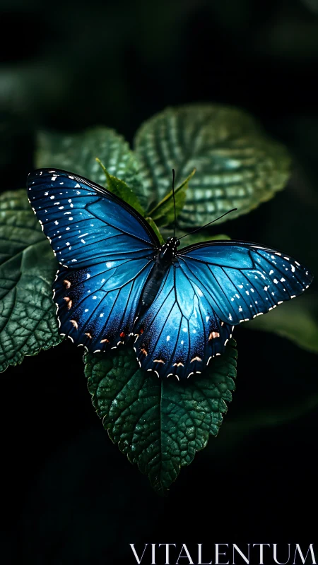 Gentle blue butterfly resting softly on deep green leaves.