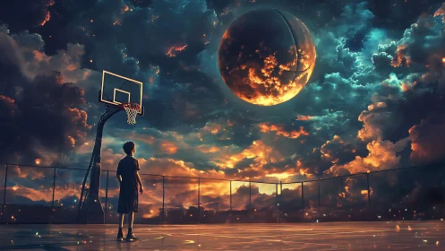 Dreamy night court where a lone player meets a cosmic ball.