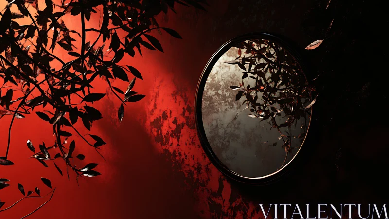 Round wall mirror reflecting dark leaves on red wall.