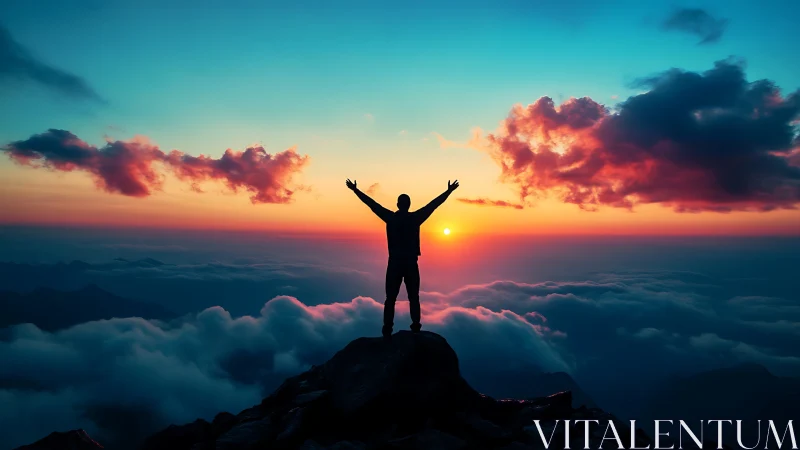 Silhouetted climber celebrates at sunrise above stratified clouds