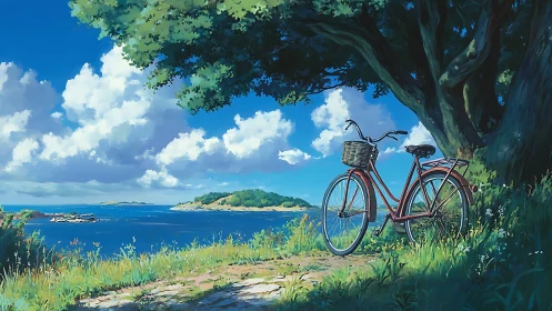 Coastal Escape: Where Crimson Bicycles Meet Azure Horizons