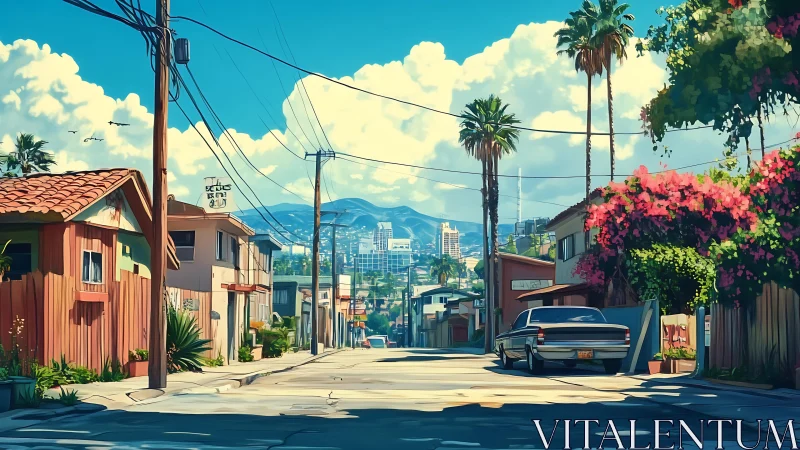 Sunlit suburban street leads toward distant coastal skyline