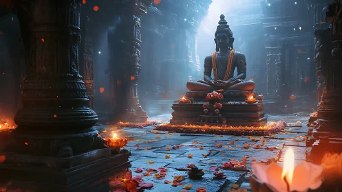 Digital temple interior with meditative deity and ritual lighting.
