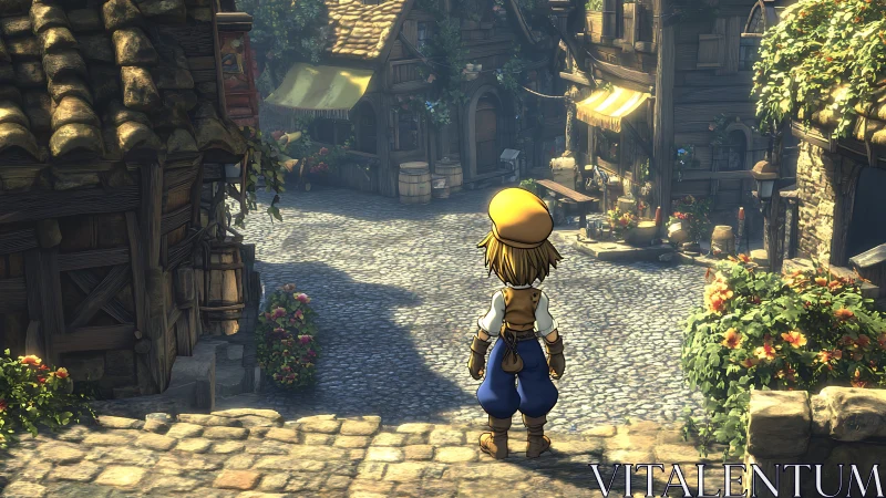Sunlit cobblestone village with a hopeful young wanderer.