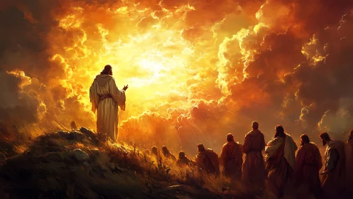 Radiant ascension tableau with volumetric clouds and disciples.