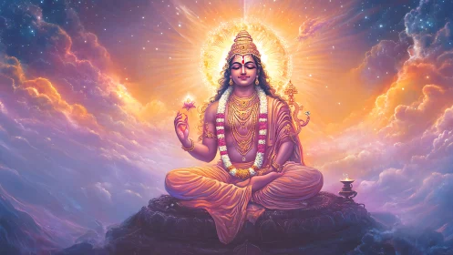 Radiant deity in lotus pose amid glowing celestial clouds.