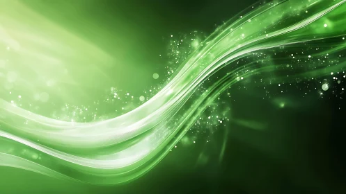 Abstract green waves and sparkles digital background art style.