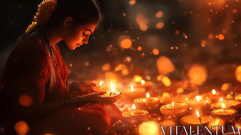 Young woman in red sari holding oil diya amid festive bokeh