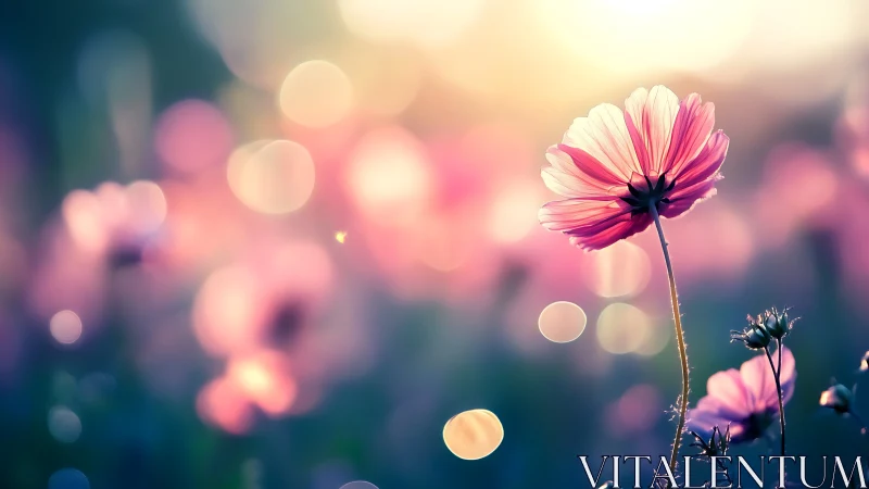 Backlit pink cosmos flower glows against dreamy bokeh field