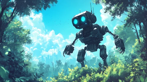 Large bipedal robot moving through dense forest clearing.