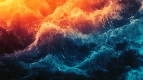 Fiery sunset waves colliding with deep cyan ocean surge.