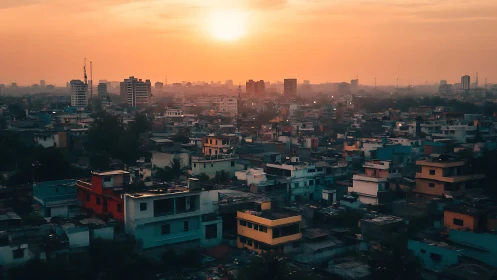 Sunset warmth spilling over a colorful city rooftop maze.