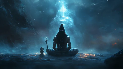 Meditating figure before cosmic light in misty cavern.