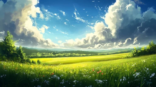 Sunlit meadow stretches beneath towering summer clouds