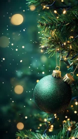 Photorealistic close-up of green Christmas ornament bokeh glow.