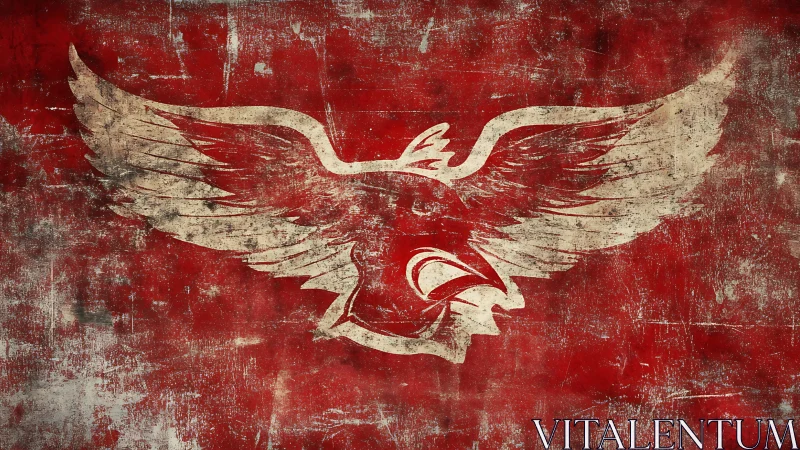 Weathered eagle emblem spreads wings on distressed red field