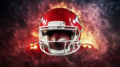 Digital football helmet portrait with explosive fiery backdrop.