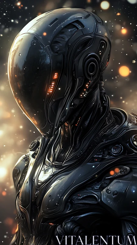 Midnight android drifts through ember-lit cosmic snowfall