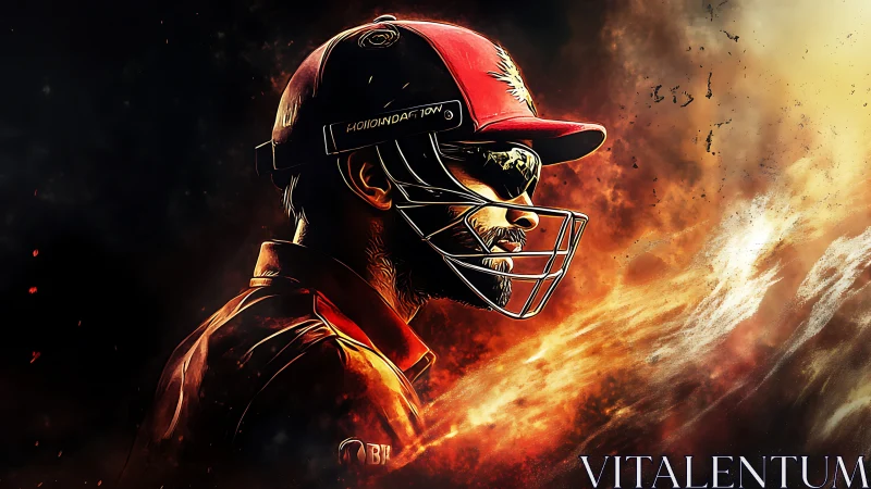 Digital painting profile of cricket batsman in fiery lighting.