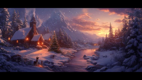 Snowy mountain village at sunset with lit cabins and river.