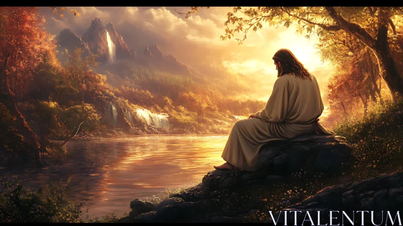 Solitary robed figure rests beside radiant mountain river