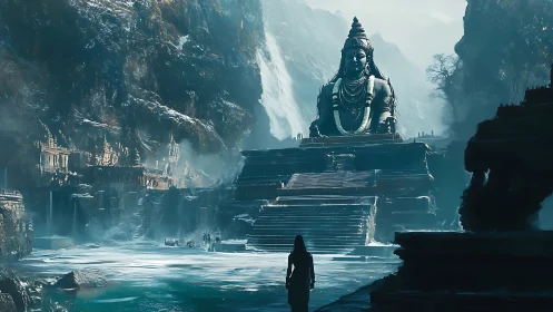 Colossal mountain deity temple in misted glacial valley.