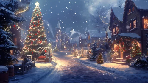 Snowy village street glows under festive Christmas lights