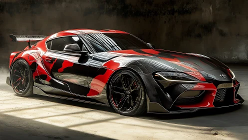 Striking red and black sports car waits poised for street action