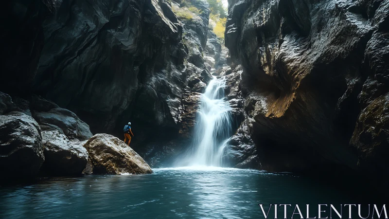 Hiker observing waterfall in narrow rocky canyon pool.