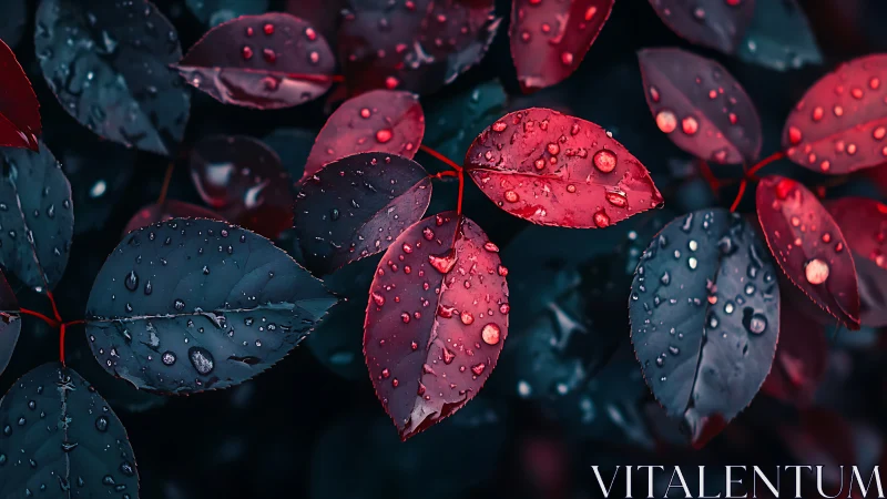 Macro study of rain-soaked bicolor foliage under low-key light.