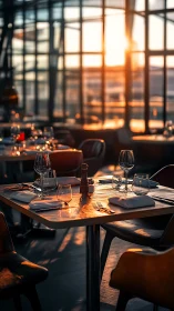 Sunset-kissed glasses wait patiently in a quiet urban bistro