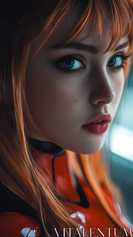 Fiery-haired pilot holds steady, teal eyes locked forward.