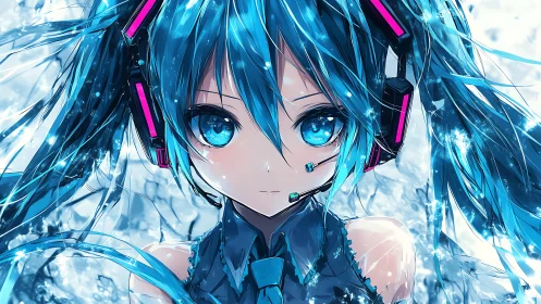 High-detail anime portrait with cyan lighting and headset technology