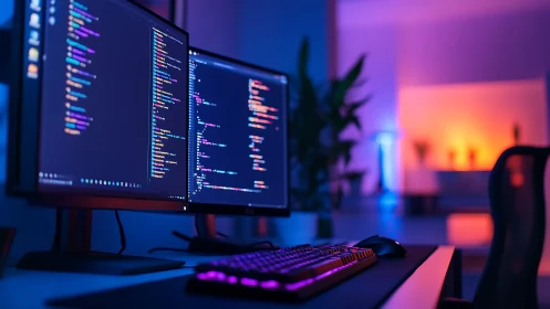 Colorful coding workspace glows with focused late-night energy
