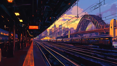 Sunlit urban railway vista with iconic arched bridge horizon.