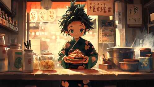 Young vendor serves warm street food in glowing stall