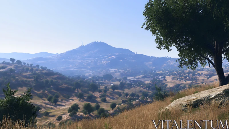 Sunlit digital hills roll toward a distant hazy summit.